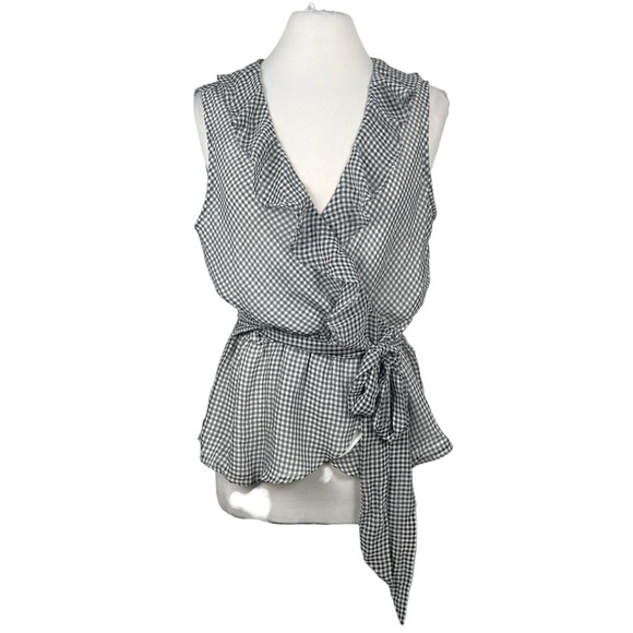 MAX Studio Surplice Wrap Ruffle Trim Sleeveless Blouse Gingham Poly Chiffon - Picture 3 of 9